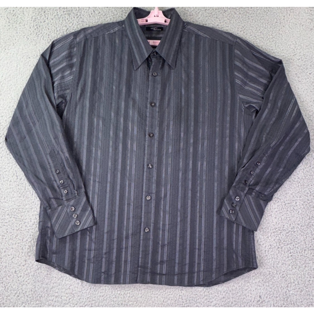 Two AM Button Down Shirt Mens XL Black Silver Stripe Embroidered